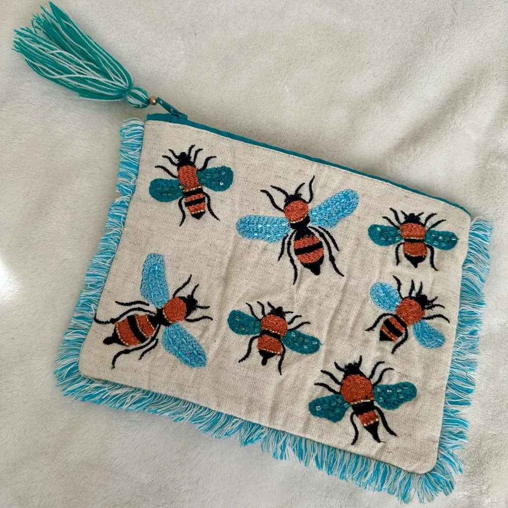 World Market Beaded Bee Embroidered‎ Linen Fringe Clutch Pouch